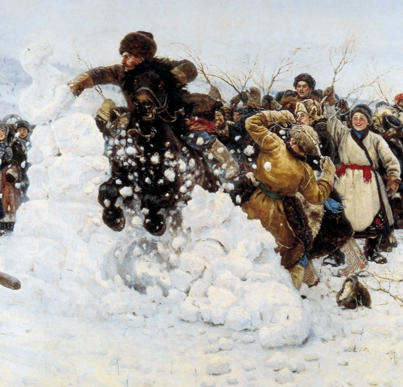 Во многих произведениях. Взятие снежного городка картина Сурикова. Взятие снежного городка. 1891.